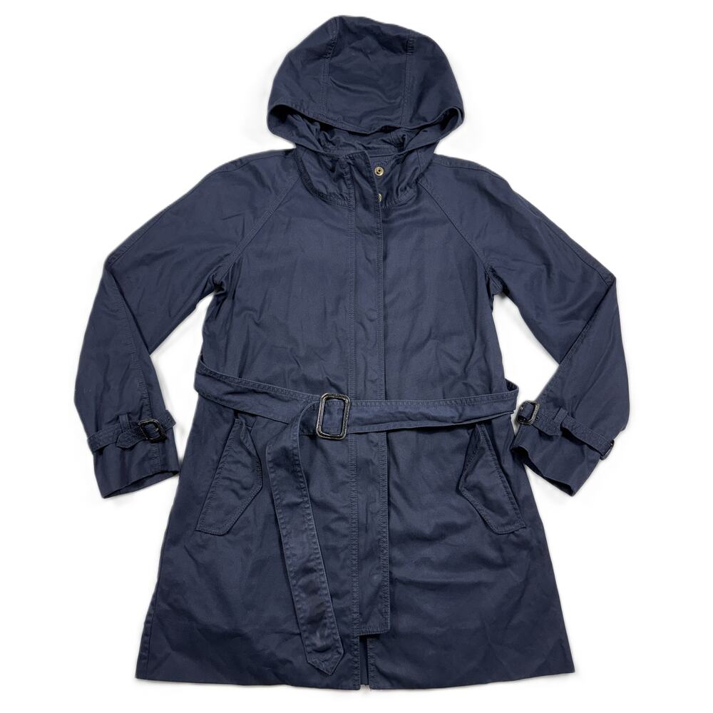 J.Crew Women Hooded Trench Coat Belted Cuffed Zip Navy Blue Cotton Size 2 - Picture 2 of 10